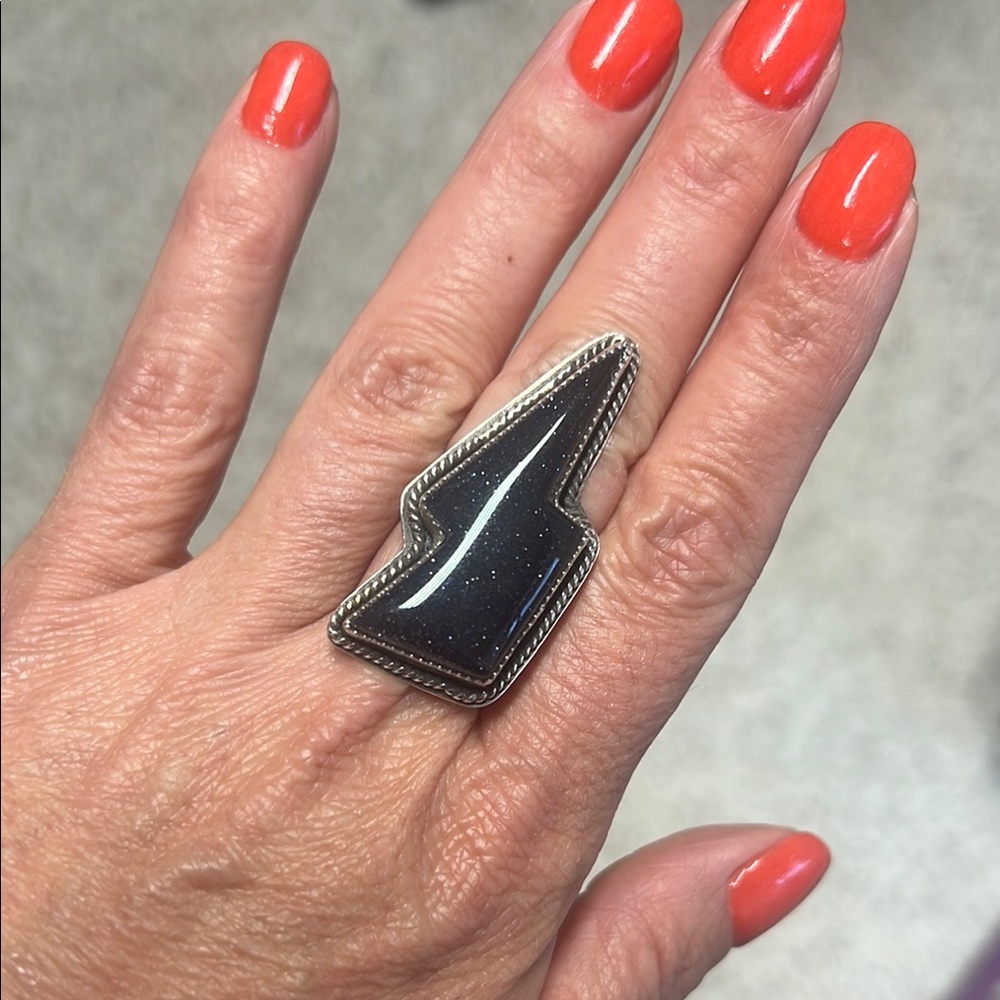 Sterling Silver Blue Goldstone Lightening Bolt Ring